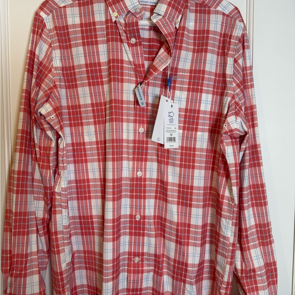 Southern Tide Red and White Plaid Men's Shirt
